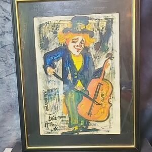 VTG Original Etienne Clown Cello Mix Media Art 1972 Blk Frame French Newspaper